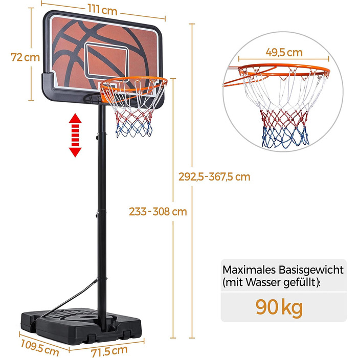 Баскетбольна стійка Yaheetech з регулюванням висоти від 233 до 308 см Мобільне баскетбольне кільце для внутрішнього або зовнішнього баскетбольного кільця можна наповнити водою або піском