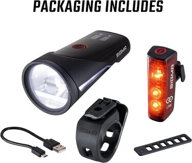 Комплект велофар SIGMA Aura 100/Blaze Link з силіконовим кріпленням, LED передня фара 100 Люкс, заднє світло з функцією стоп-сигналу, автоматичне регулювання яскравості