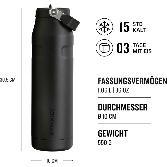 Термобутилка Stanley Flip Straw 2.0 з трубочкою 1,06 л, чорна, BPA-free, не протікає, зберігає холод до 17 годин, лід до 4 днів, підходить для тримача напоїв, можна мити в посудомийці