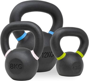 Гиря Strength Shop із чавуну з ергономічною ручкою, набір 4 кг + 8 кг + 12 кг, надміцна, із кольоровим маркуванням ваги та чорним порошковим покриттям, для функціонального тренування всього тіла