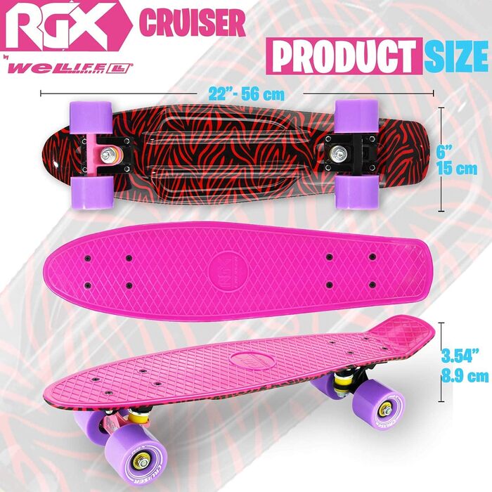 Скейтборд WeLLIFE Mini Cruiser RGX Рожевий 22 для підлітків, 78A PU, ABEC-7RS