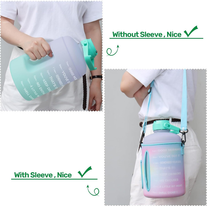 Пляшка для води QuiFit 3,6 л з трубочкою, мотиваційною розміткою, BPA-free, герметична, для спорту, фітнесу, вуличних занять, багаторазова, фіолетово-зелена