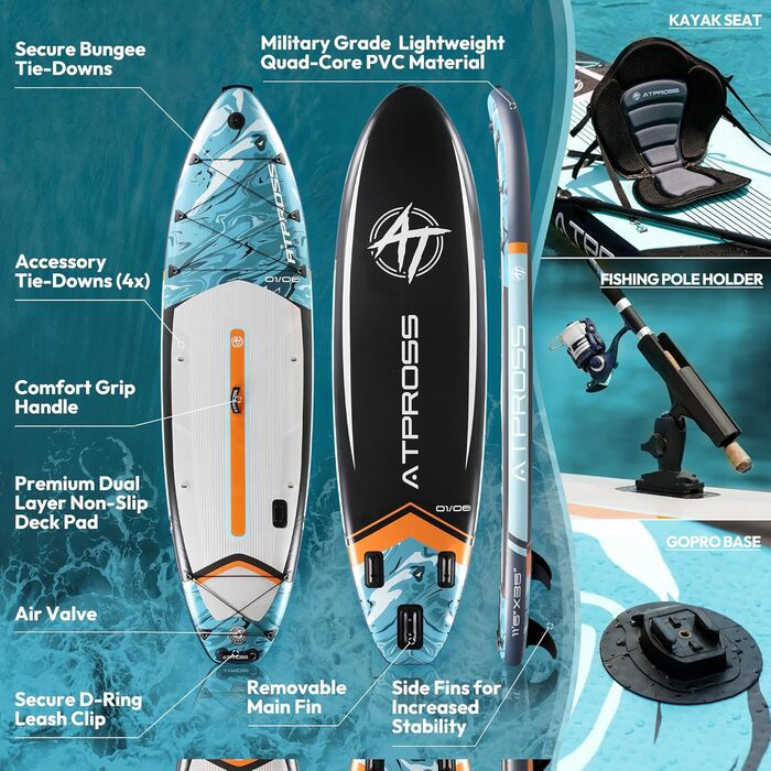 Надувна SUP-дошка ATPROSS 350x89x15 см, витримує до 200 кг, широка, для дорослих, з набором аксесуарів і рюкзаком, стійка, нековзка, для йоги, риболовлі та серфінгу