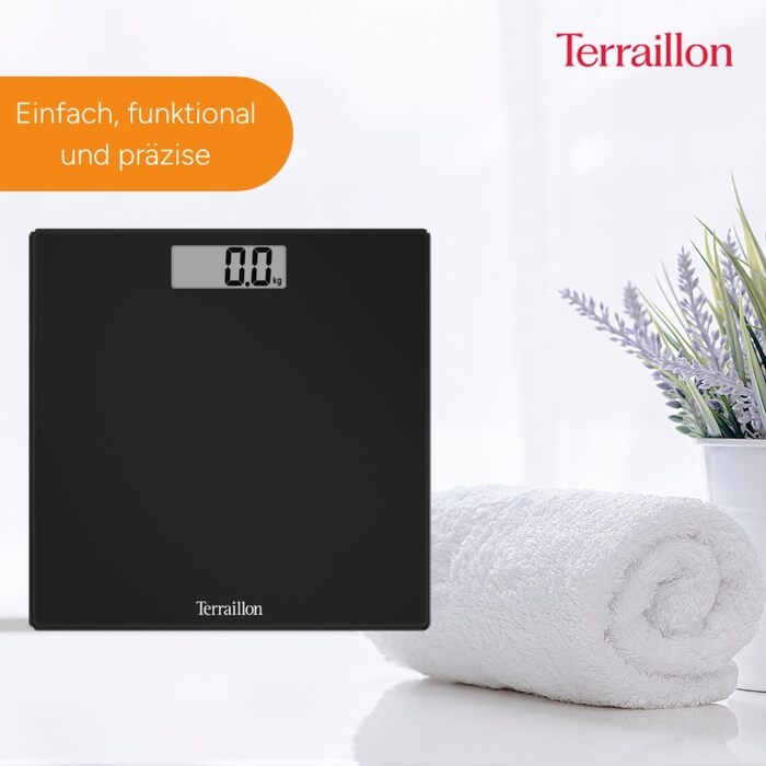 Ваги підлогові Terraillon TSQUARE, скляна платформа, ультратонкі, 26×26 см, велике LCD, до 180 кг, чорні
