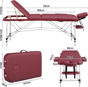 Масажний стіл Yaheetech Масажне ліжко Розкладний терапевтичний стіл Масажний стіл 3 зони Ергономічна масажна лава з підголівником і підлокітниками, шириною 70 см, (213 x 82 см, бордовий)