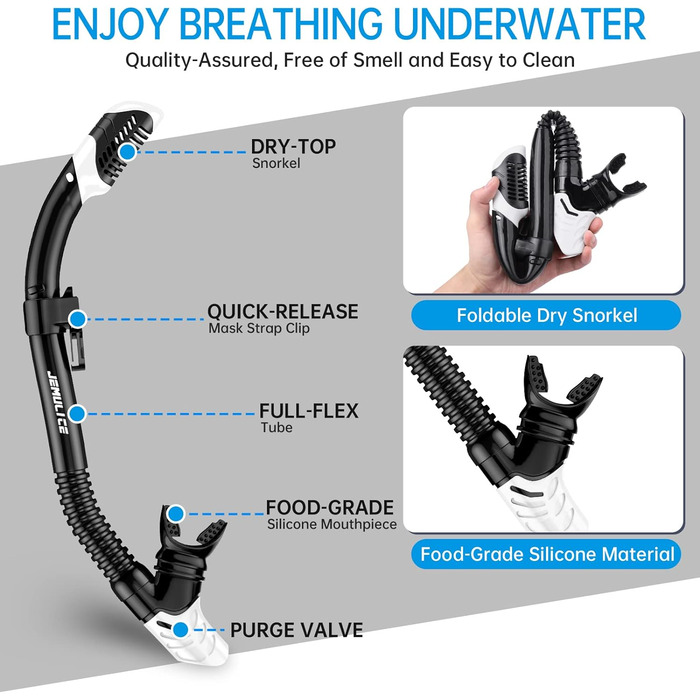 Набір для підводного плавання JEMULICE для дорослих, набір для підводного плавання з окулярами для дайвінгу та сухою трубкою для чоловіків та жінок, маска для дайвінгу із загартованого скла проти протікання та запотівання для дайвінгу, підводного плавання