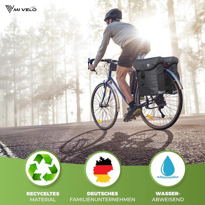 Подвійна велосипедна сумка MIVELO 36 л з переробленого матеріалу для багажника, сумісна з адаптерами MIK та Racktime, чорна