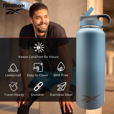 Пляшка для води Reebok з нержавіючої сталі, ізольована, з трубочкою, спортивний дизайн, 900 мл, подвійні стінки, вакуумна ізоляція, BPA-free, синя