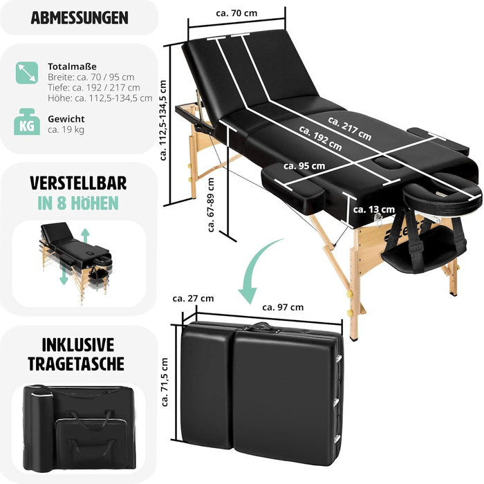Масажний стіл з регулюванням висоти TECTAKE 3 зони, масажний стіл складний, масажний стіл, підкладка 10 см, мобільний масажний стіл, голова і підлокітник, масажна лавка з дерев'яними ніжками, аксесуари Сумка для перенесення - (чорна)