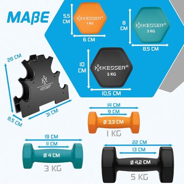 Набір гантелей KESSER 1-5 кг, 12/18 кг, стійка, неопрен, зошит, стрічки