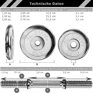 Гантелі MOVIT PRO Набір з 2 шт. , хромовані чавунні гантелі, 30 кг, 40 кг, 50 кг, 60 кг, штанга 30 мм стандарт, рифлена ручка, застібки зірочки, набір гантелей Набір гантелей з обтяженнями (e - 2 шт. 30,0 кг)