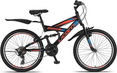 Гірський велосипед Licorne Bike PREMIUM Strong V 24 і 26 дюймів - велосипед для хлопчиків, дівчаток, жінок і чоловіків - 21 швидкісна передача - повна підвіска (чорний/синій/помаранчевий, 24,0 дюйма)