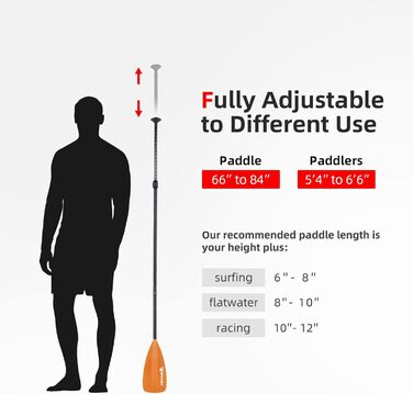 Весло Carbon SUP/Kayak, регульоване, легке, помаранчеве, 4 шт.