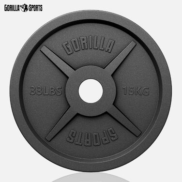 Вагові пластини GORILLA SPORTS Olympia - 1,25 кг, 2,5 кг, 5 кг, 10 кг, 15 кг, 20 кг, 25 кг, 30 кг, отвір 50 мм, чавун, одинарний/комплект - вагові пластини, набір вагових пластин, гантелі (15 кг)