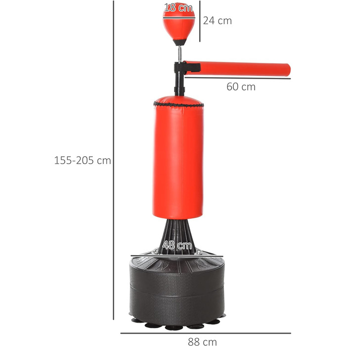 Боксерська груша HOMCOM стоячи Боксерське тренувальне обладнання з аксесуарами Боксерський асистент Тренувальна боксерська груша Чорна червона 88 x 48 x 155-205 см