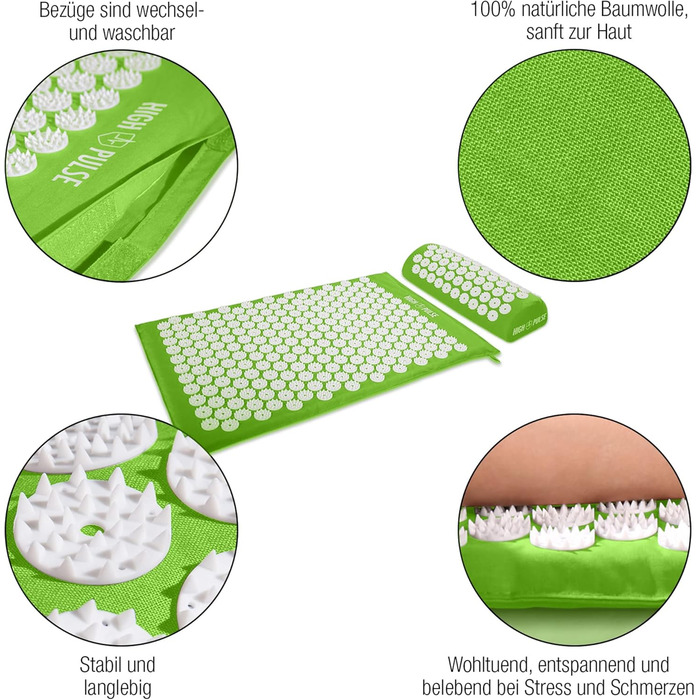 Набір для точкового масажу High Pulse килимок, подушка, 5 кілець зелений