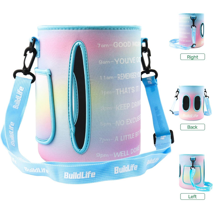 Пляшка для води QuiFit 3.8 л з трубочкою, мотиваційною розміткою, BPA Free, для спорту, фітнесу, герметична, з чохлом, лілово-синя