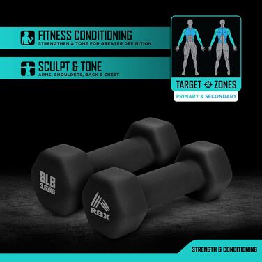 Набір гантелей RBX Weights – неопренові гантелі з нековзною ручкою, антиковзкі, для силових тренувань вдома та у спортзалі