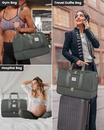 LOVEVOOK жіноча спортивна сумка для подорожей, дорожня сумка з косметичкою, відділенням для взуття та вологих речей, водонепроникна пляжна та саунна сумка, ручна поклажа для спорту та відпустки, зелена