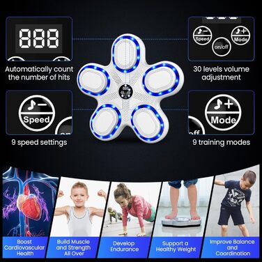 IERAKOR Музична боксерська машина з LED, Bluetooth, 9 режимів, для дітей, електронна боксерська груша з рукавичками, біла