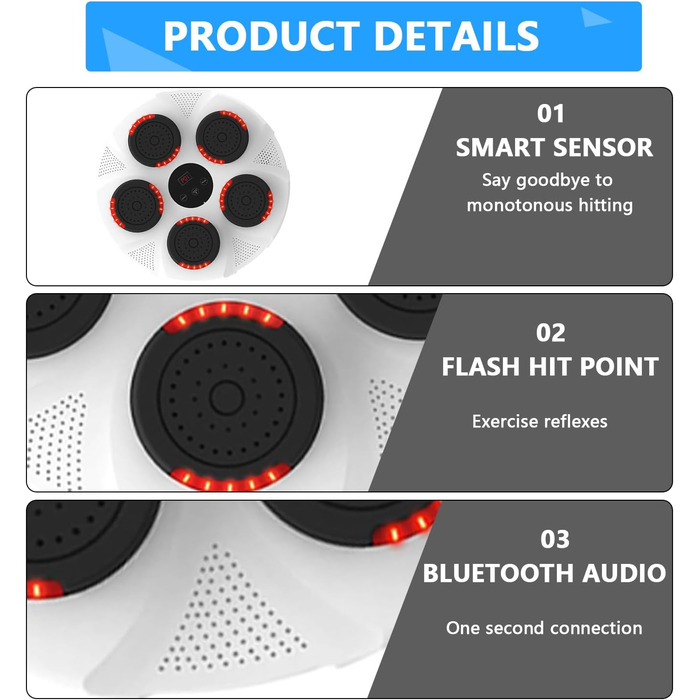 Музична боксерська машина Bluetooth, музична електронна коробка зі світлодіодом, акумуляторна боксерська машина USB, декомпресія для дітей та дорослих, прискорює реакцію рук і очей і координацію, білий