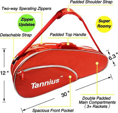 Тенісна сумка Tannius 3 ракетки, з відділенням для взуття та телефону та захисною накладкою, супер простора та легка сумка для ракетки для тенісу, бадмінтону (червона)