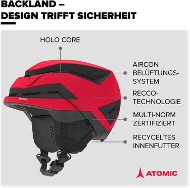 Гірськолижний шолом ATOMIC BACKLAND Light & Safe - Максимальна амортизація - Активна система вентиляції Aircon - 3D амбушури система прилягання на 360 для ідеальної посадки (червоний, 51-55)