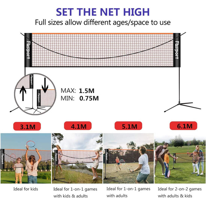 Сітка для бадмінтону, тенісна сітка 3-6 м портативна волейбольна сітка для бадмінтону, 3 висоти можна регулювати розбірний лоток для бадмінтону, в приміщенні та на вулиці (5,1 м)