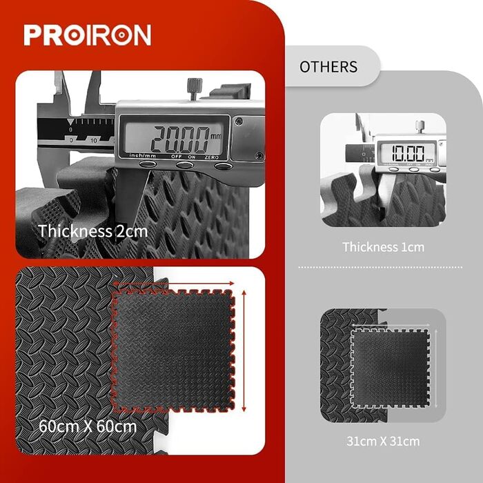 PROIRON товста захисна фітнес-мат для підлоги 2 см, 60x60 см, комплект 6 шт, модульна пазл-мат під тренажери та фітнес-зал