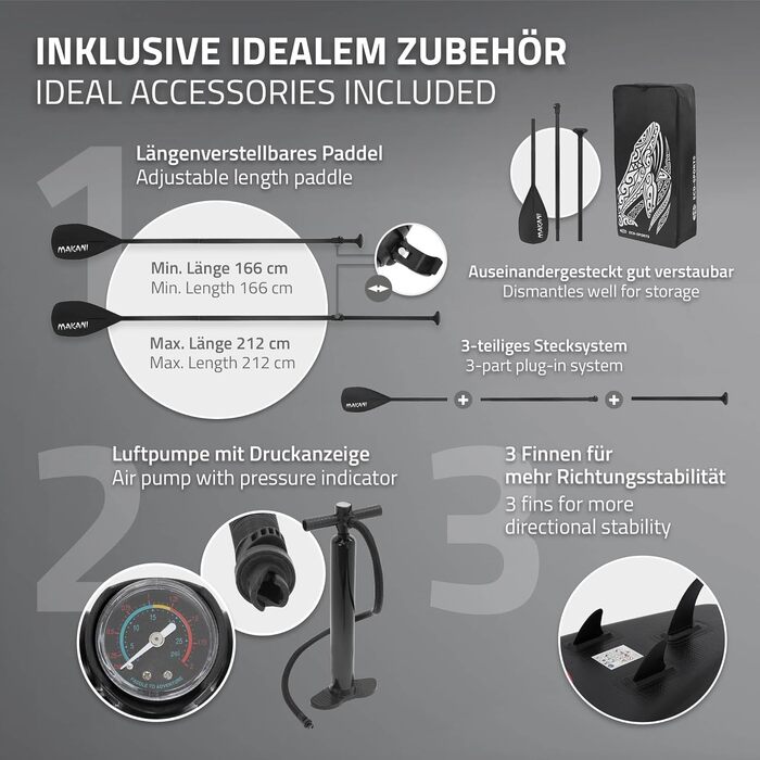 Надувна SUP-дошка ECD Germany 305-380 см, до 150 кг, комплект із веслом, сидінням-каяком і сумкою, різні моделі