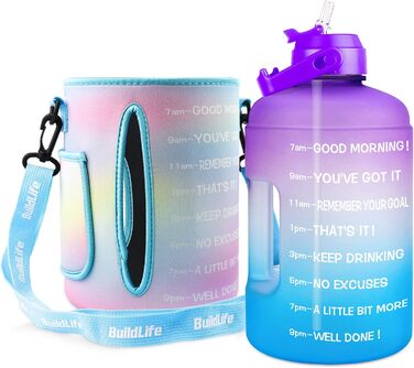 Пляшка для води QuiFit 3.8 л з трубочкою, мотиваційною розміткою, BPA Free, для спорту, фітнесу, герметична, з чохлом, лілово-синя