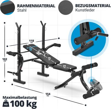 Багатофункціональна лава для обтяжень ArtSport ProfiGym1000 складна та регульована в 4 напрямках - з стійкою для штанги, завивкою ніг і батерфляєм - тренувальна лава похила лава плоска лава