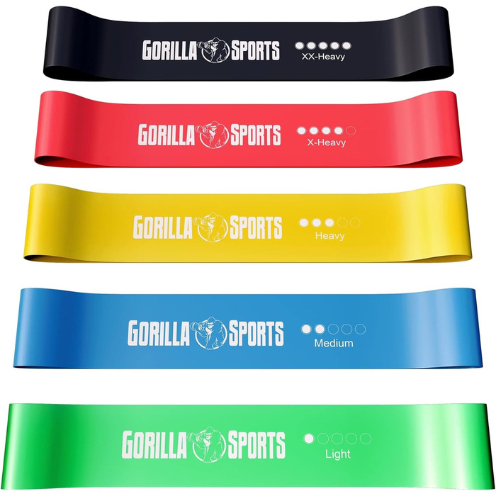 GORILLA SPORTS Набір фітнес-резинок 5 шт з чохлом, латекс, різні рівні опору, для тренувань, йоги, пілатесу, реабілітації