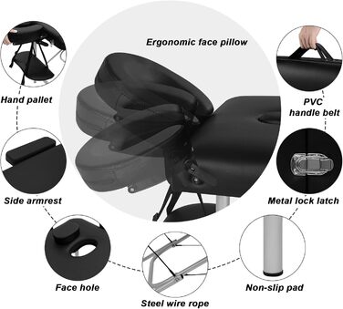 Мобільний масажний стіл 3 зони, масажний стіл складний регульований по висоті, портативна масажна лава, косметичний столик, виготовлений з алюмінію, з підлокітниками підлокітник для рук сумка для перенесення, чорна