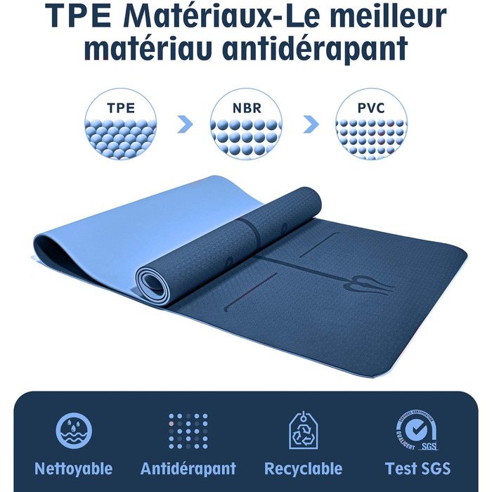 Килимок для йоги KAINOS Нековзний TPE Екологічно чистий килимок для фітнесу Гімнастичний килимок Килимок для пілатесу з ременем/сумкою для перенесення 183 шт. 60,6 см Синій