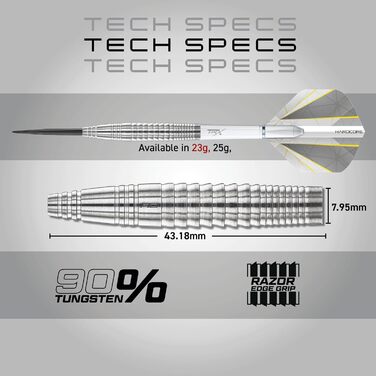 Професійні дротики RED DRAGON Seren Pure 90% вольфрам, сталевий наконечник, набір з оперенням і хвостовиками, 21-25 г, 4 стилі