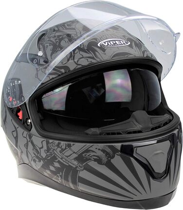 Мотоциклетний шолом ViPER RSV95 для дорослих, повнолицевий, з сонцезахисним козирком, ECE/ACU сертифікований, унісекс, матовий чорний/череп сірий, розмір L