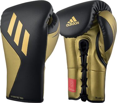 Боксерські рукавички adidas Tilt 350 Pro 16 унцій, унісекс, чорні/золоті, нова технологія нахилу, шнурівка, еко-веганська шкіра, для боксу, кікбоксингу, ММА, тренувань