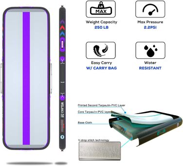 Надувний гімнастичний килимок 3/4/5/6M Тренувальний килимок Carbon Fiber Tumble 10/15/20 см товстий гімнастичний килимок Гімнастичний килимок Килимок для підлоги Надувний килимок для йоги Килимок для тхеквондо з насосом (GPURPLE, 400*100*15 см)