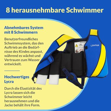 Високоякісний неопреновий рятувальний жилет Limmys - ідеальний плавучий пристрій для дітей - з додатковою кишенею - європейський бренд S Originals, різні розміри, синій