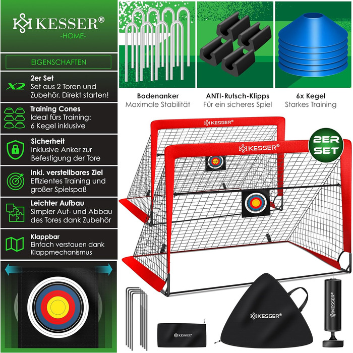 Футбольні ворота Дитячий поп-ап набір з 2 шт. Футбольні ворота складні зі скловолокнистими стовпами та високоякісними сітками для воріт у приміщенні, на вулиці та в саду З сумкою для перенесення 6 шт. конусна мішень для кулькового насоса (червона)