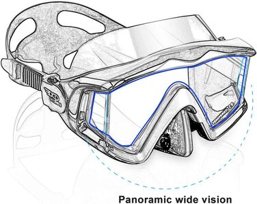 Маска для плавання HD Pano 3 вікна, Антизапотівання, Загартоване скло, Чорний