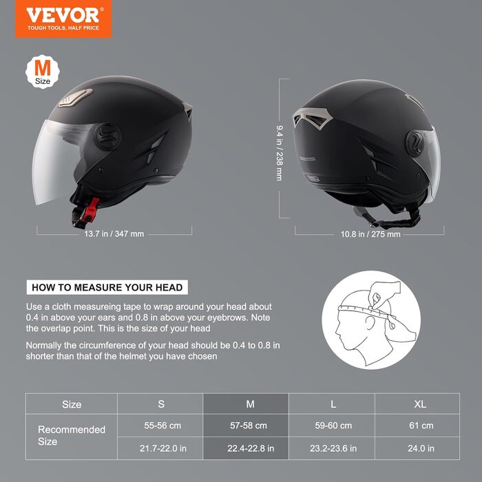 Мотоциклетний шолом VEVOR 3/4 обличчя, розмір M (55-56 см), з Bluetooth, високощільний ABS, DOT сертифікат, для дорослих і підлітків