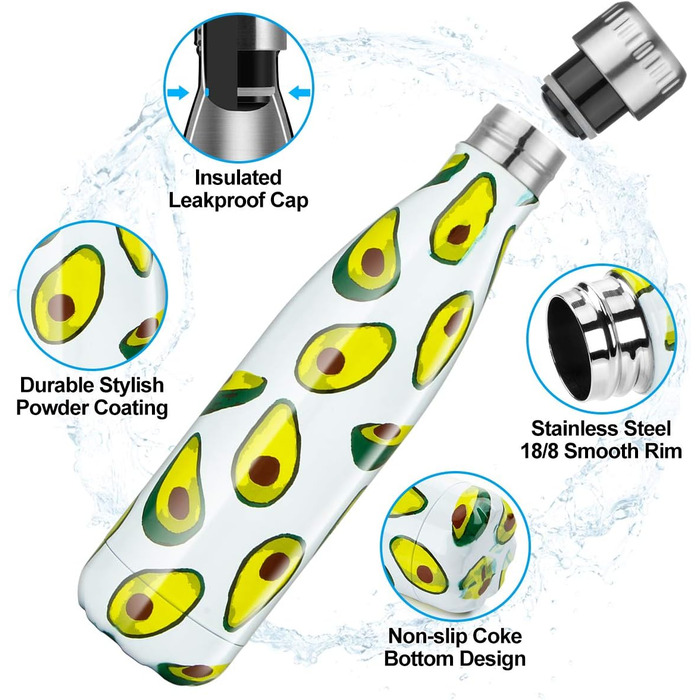 Термос для пляшки для води з нержавіючої сталі - 350/500/750 мл, герметична ізольована пляшка для води з подвійними стінками, без бісфенолу А, вакуумна вакуумна пляшка для дітей, біг, їзда на велосипеді, кемпінг, робота (авокадо, 750 мл)