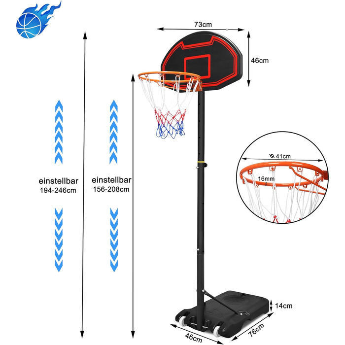 Баскетбольне кільце Froadp Outdoor для дітей Баскетбольна стійка 156-208 см Регульоване по висоті портативне баскетбольне кільце з колесами Базова баскетбольна система з баскетбольними надувними насосами та 2 баскетбольними сітками