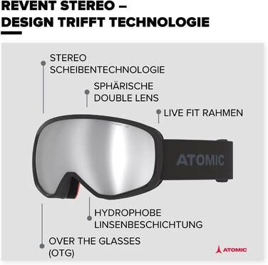 Гірськолижні окуляри ATOMIC REVENT STEREO - Гірськолижні окуляри з антивідблиском - Високоякісні дзеркальні окуляри для сноуборду - Окуляри з оправою Live Fit - Гірськолижні окуляри з подвійною лінзою Black
