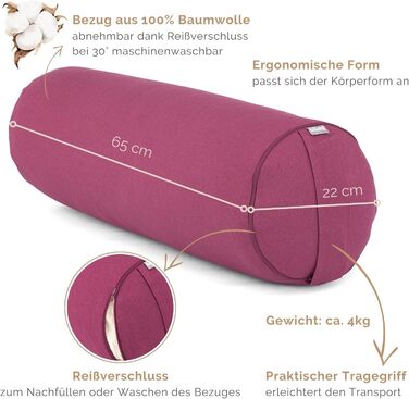 Рулон Bodhi Yoga Bolster Ø 22 см Рулет для йоги з органічною начинкою зі спельти Подушки для йоги для відновлювальної та інь-йоги Бавовняний чохол, який можна прати Подушка для пілатесу з ременем для перенесення (баклажани)