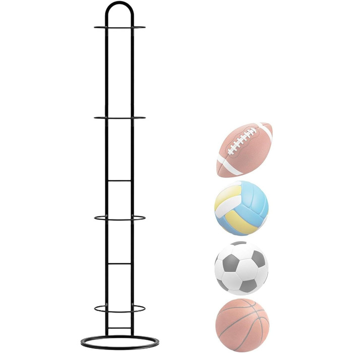 Підставка для м'ячів, полиця для зберігання м'ячів, вертикальне зберігання м'ячів - багатошарова баскетбольна підставка, зберігання м'ячів, футбольна стійка, тримач для баскетболу, чавунний органайзер для спортивних м'ячів (чорний, 4)