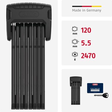 Складаний велосипедний замок ABUS Bordo Granit 6500K з тримачем, 120 см, чорний, рівень безпеки 15, циліндр XPlus