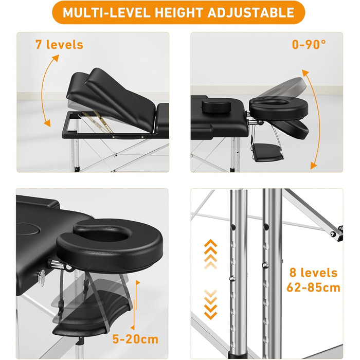 Масажний стіл Brelley Складний 3 зони шириною 70 см Косметичний стіл з регулюванням висоти Масажна лава, алюмінієвий тату-стіл з підголівником і підлокітниками та сумкою чорний